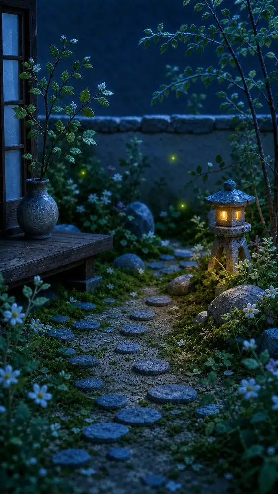 行灯のともる夜の庭